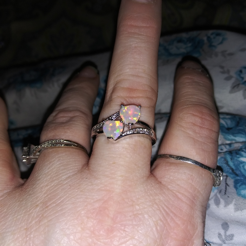 Silver double heart opal ring